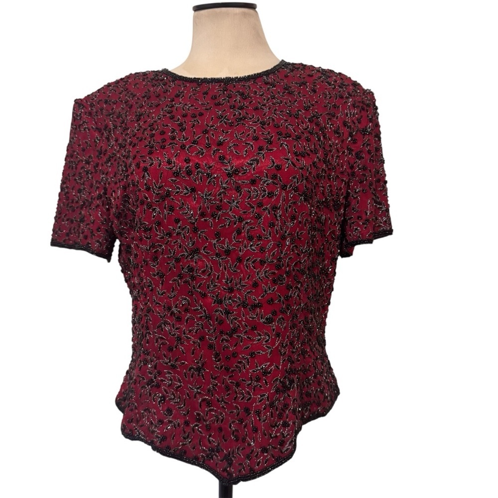 Vintage Papell Boutique Red and Black Beaded Blouse silk 100 size L
